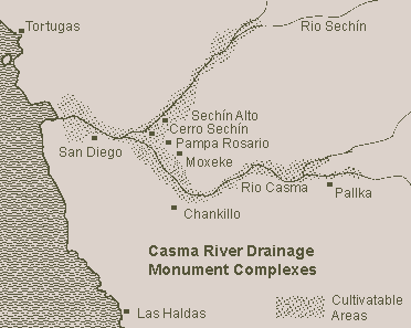 Locations of the Monument Complexes  in the Lower Casma River Valley Drainage
