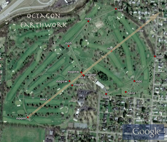 GPS readings and derived coordinates at the Newark Octagon viewed in Google Earth. 