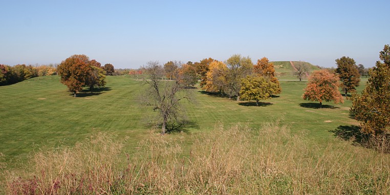 Looking north across Cahokia's plaza to Monk's Mound.