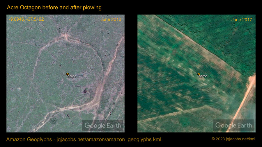 Acre Octagon satellite images comparing before and after plowing destruction.