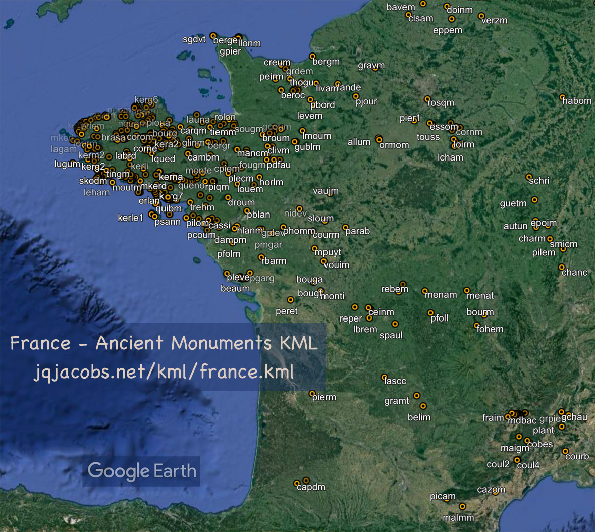 France map with ancient monument placemarks, a Google Earth KML file satellite image.