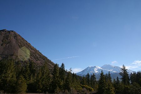 Wide angle view of the Black Butte cinder cone and Mt. Shasta from Interstate 5. 