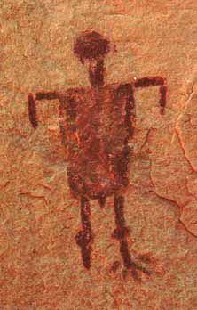 Close-up of small red anthropomorph at Painted Cave.  348 x 222 pixels, 21 K.