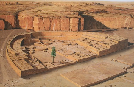Architectural plan and artist's conception of Pueblo Bonito