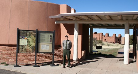 National Parks Ranger Marcus Taylor greeting visitors outside the Quarai Ruins Museum and Visitor Center.