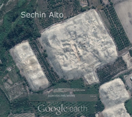 Sechin Alto main mound, at 44m high by 300m by 250m (note 300m scale line),  is the largest single construction in the New World during the Initial period.
