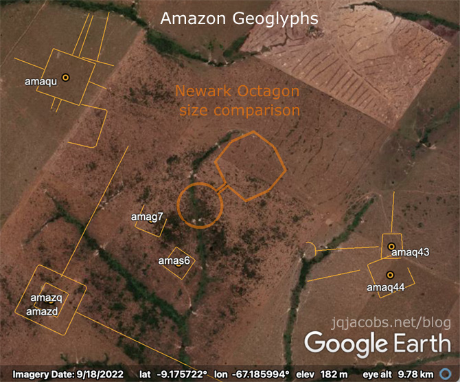 Amazon geoglyphs in a satellite image with a size comparison overlay of Newark Octagon earthworks.