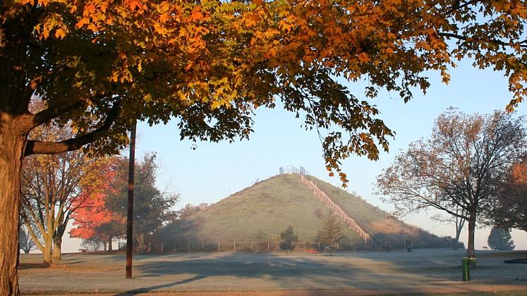 miamisburg mound at sunrise with fall colors